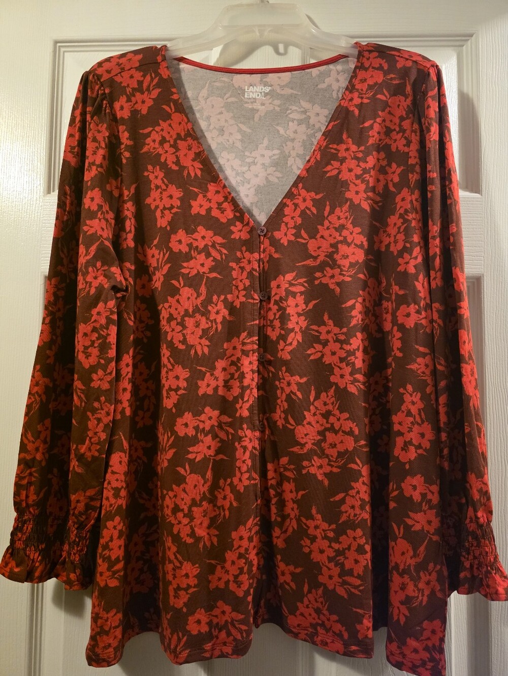 Lands' End Blouse with Red Floral Print V-Neck - Women's Size Large